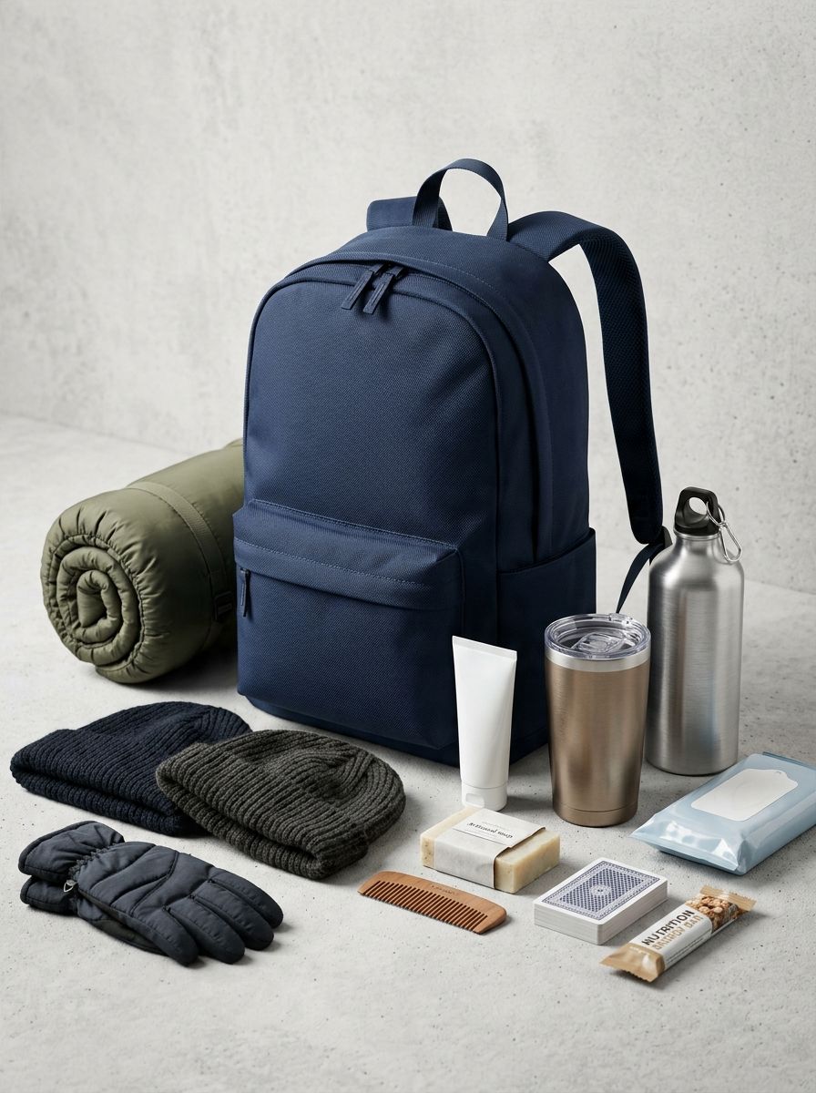 Items from a winter survival kit laid out: a backpack, a rolled sleeping bag, two winter hats, gloves, an insulated cup, a water bottle and hygiene items